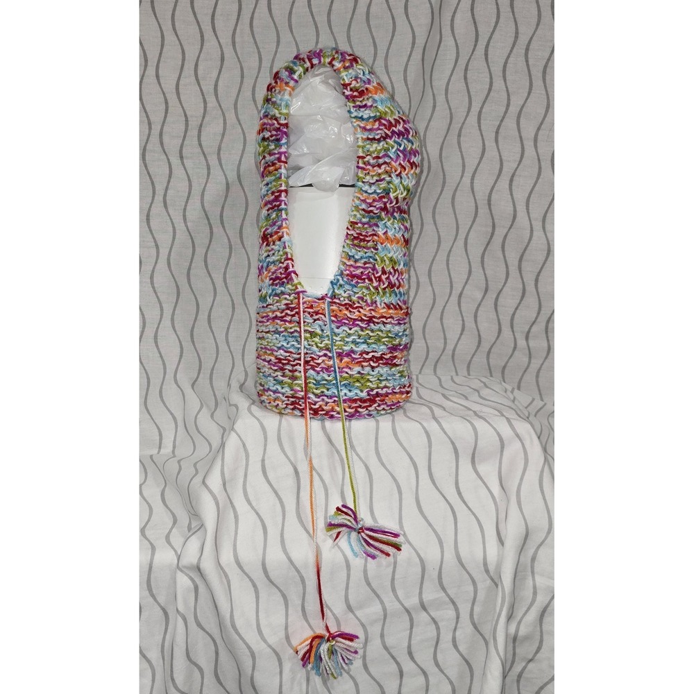 Hand‎ Knitted Hooded Cowl Rainbow Hood Neck Warmer With Laces Crocheted
